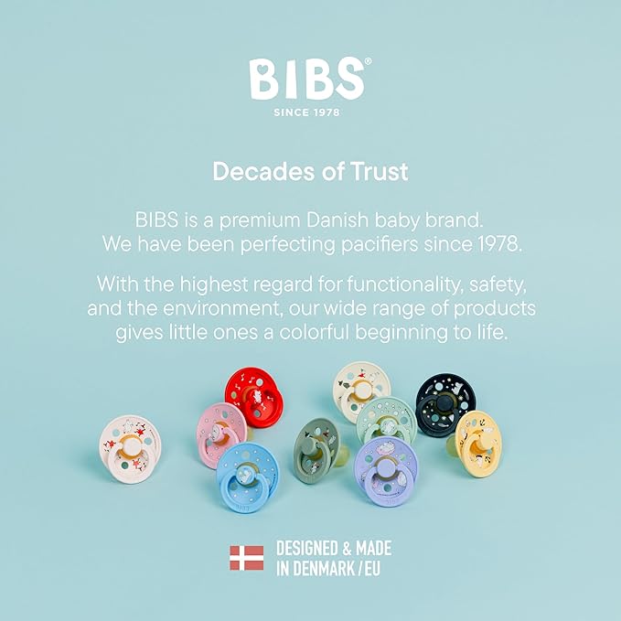 BIBS Colour Moomins Pacifier 2-Pack, BPA Free Pacifier, Round Nipple. Natural Rubber Latex, Made in Denmark, Size 2 (6-18 Months), Breeze/Deep Space