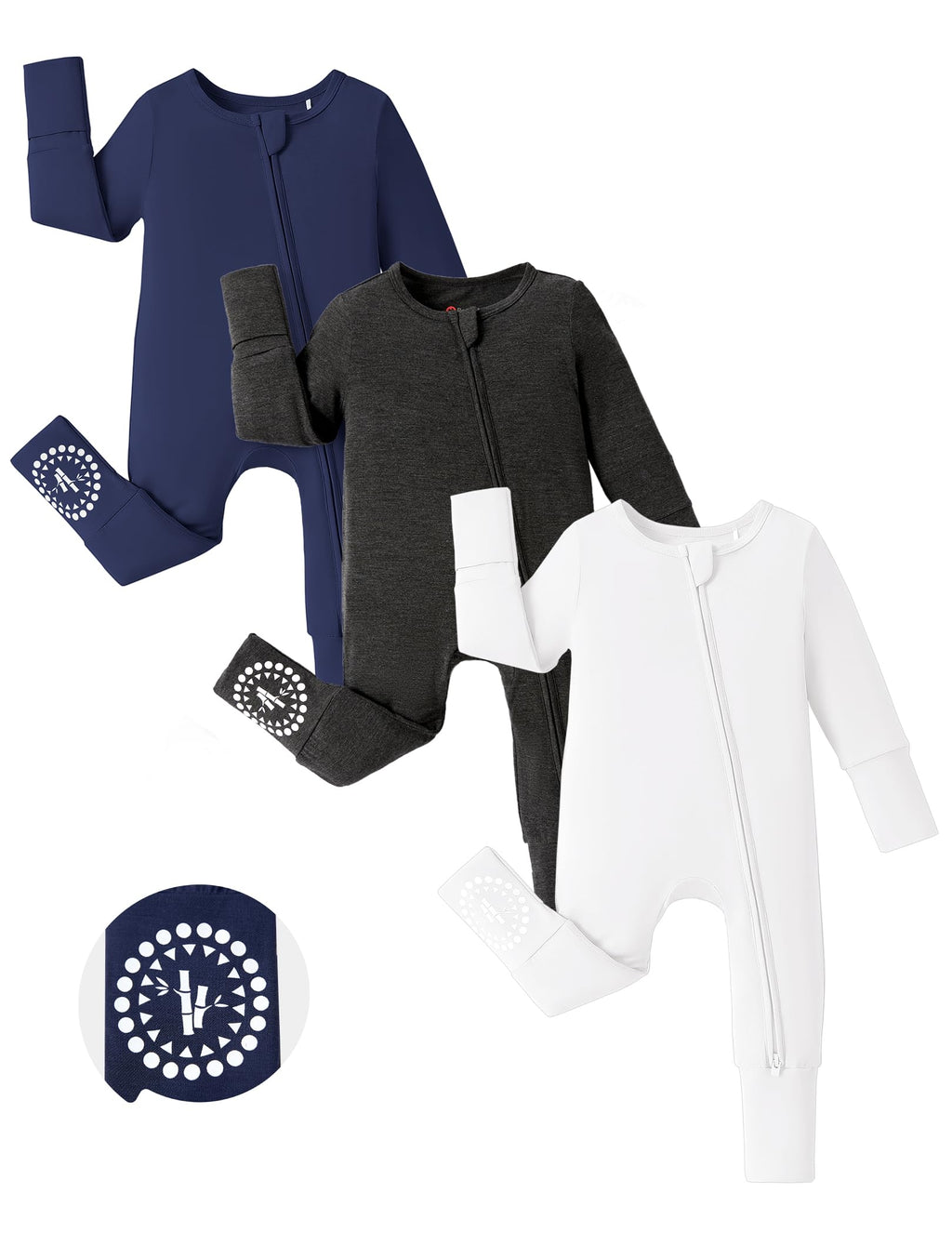 PATPAT Baby Footies Boys Girls - Bamboo Viscose - 2 Way Zipper & Non-Slip Soles Romper Mitten - Footed & Footless Infant Clothes Unisex Jumpsuit 2 Pack Midnight Blue/Grey/White 12-18 Months Black