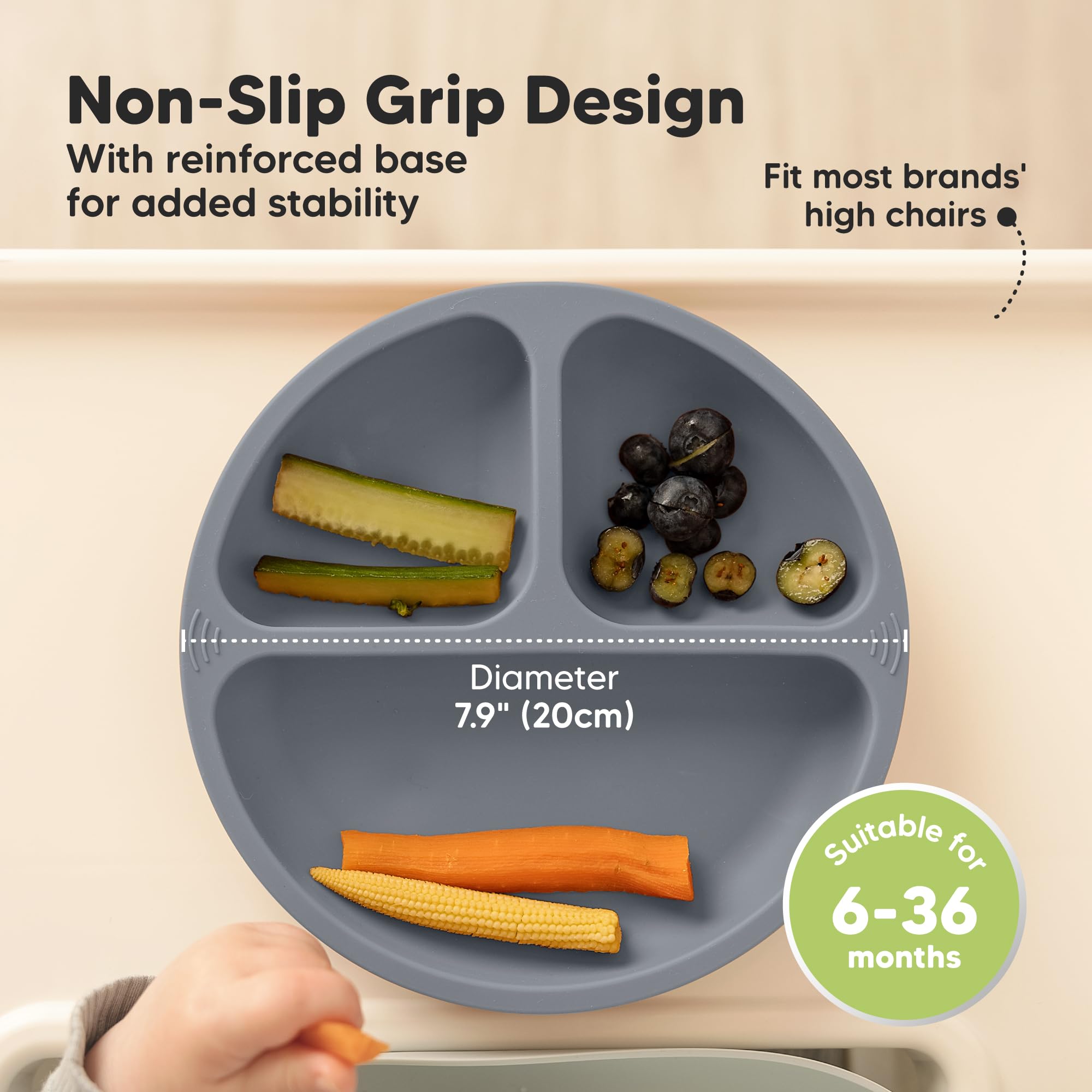 KeaBabies Suction Plates for Baby, Toddler, 3-Pack, 100% Silicone (Slate)