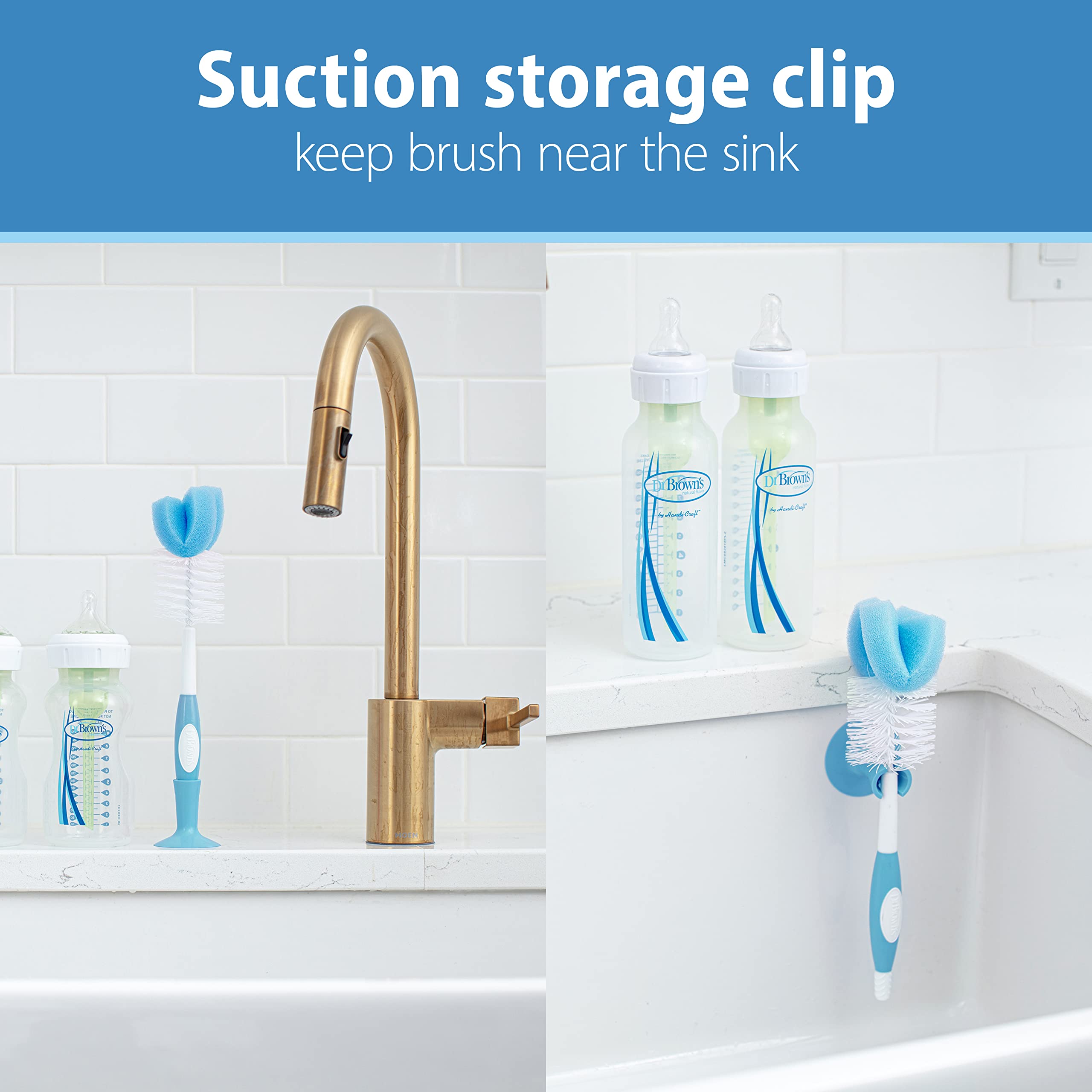 Dr. Brown's Reusable Sponge Baby Bottle Cleaning Brush with Suction Cup Stand, Scrubber and Nipple Cleaner, BPA-Free, Blue, 1-Pack