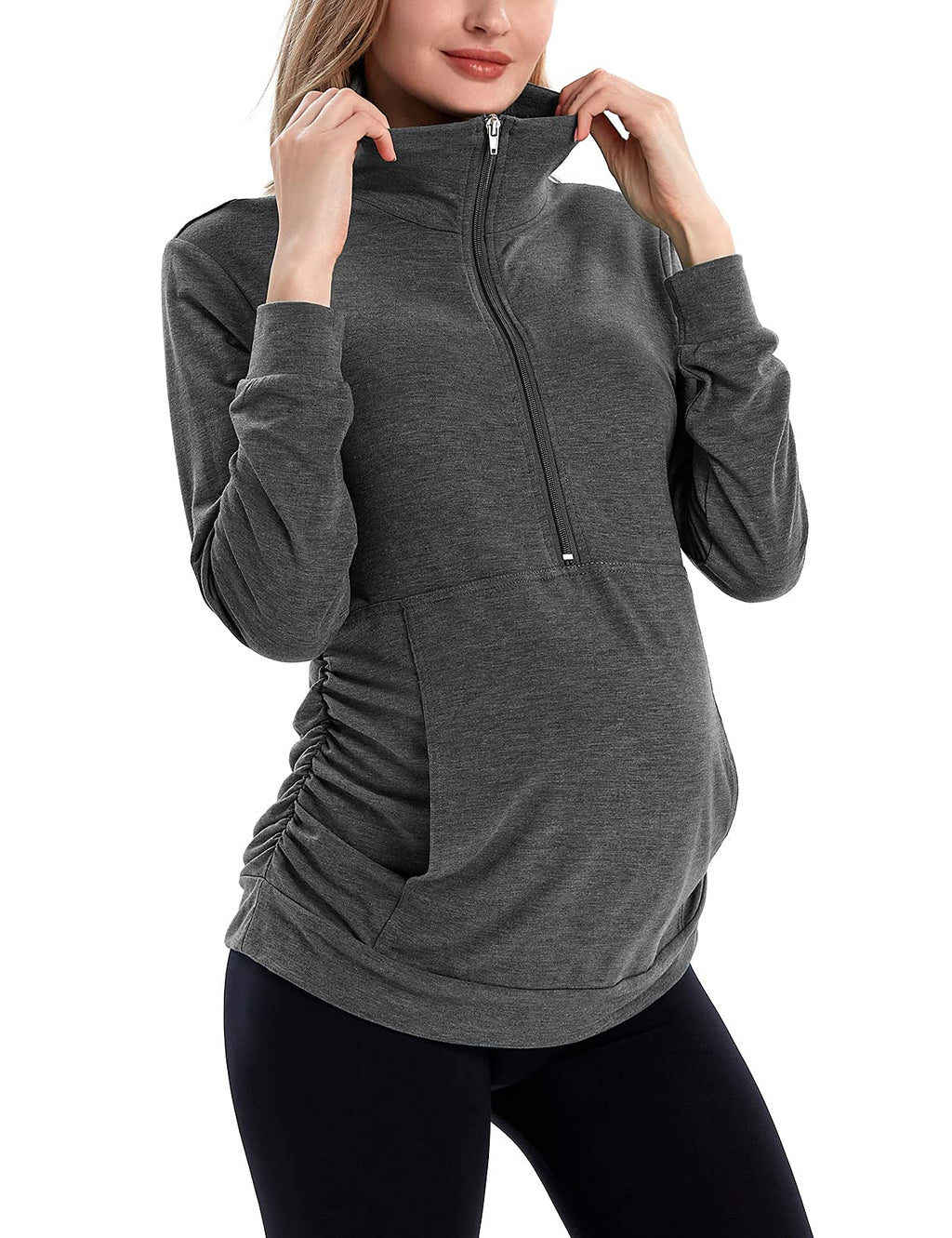 GINKANA Maternity Shirt Half Zipper Lapel Pregnancy Sweatshirts Casual Long Sleeve Maternity Pullover with Pockets,Deep Grey,S