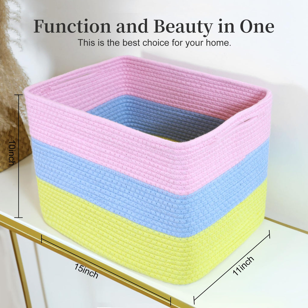 Hopegiver Rainbow Cotton Rope Storage Baskets Set of 3 for Kids Baby, Colorful Storage Bins for Toys, Woven Organizer Baskets Room Decor for Nursery & Playroom(Pink&Blue&Yellow, 15x11x10 IN)