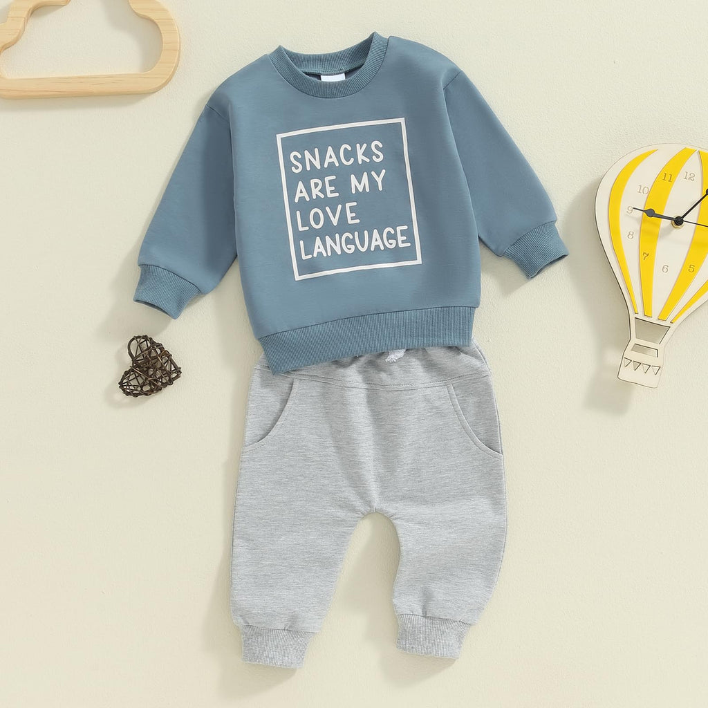Sejardin Toddler Baby Boy Fall Winter Outfit Long Sleeve Letter Print Sweatshirts and Jogger Pants Infant Boy Clothes (Snacks Blue, 18-24 Months)
