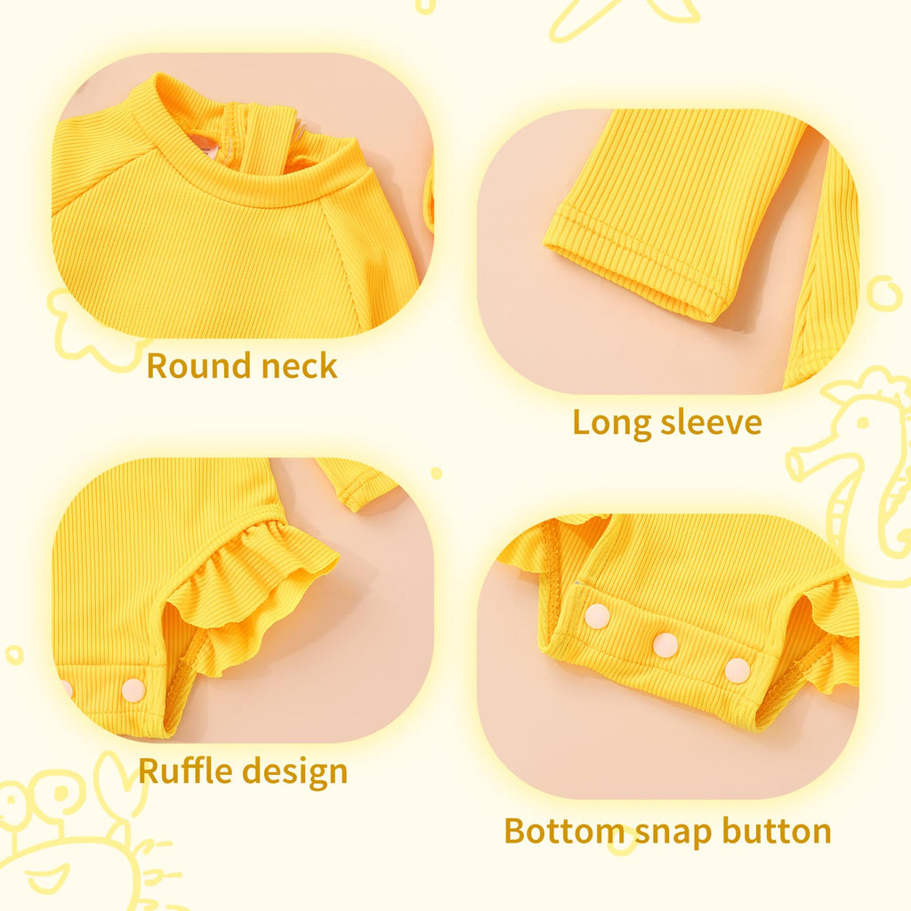 YOUNGER TREE Infant Baby Girls Swimsuit Long Sleeve One Piece Swimsuit Solid Color Bathing Suit with Hat, UPF 50+ (Yellow, 0-3 Months)