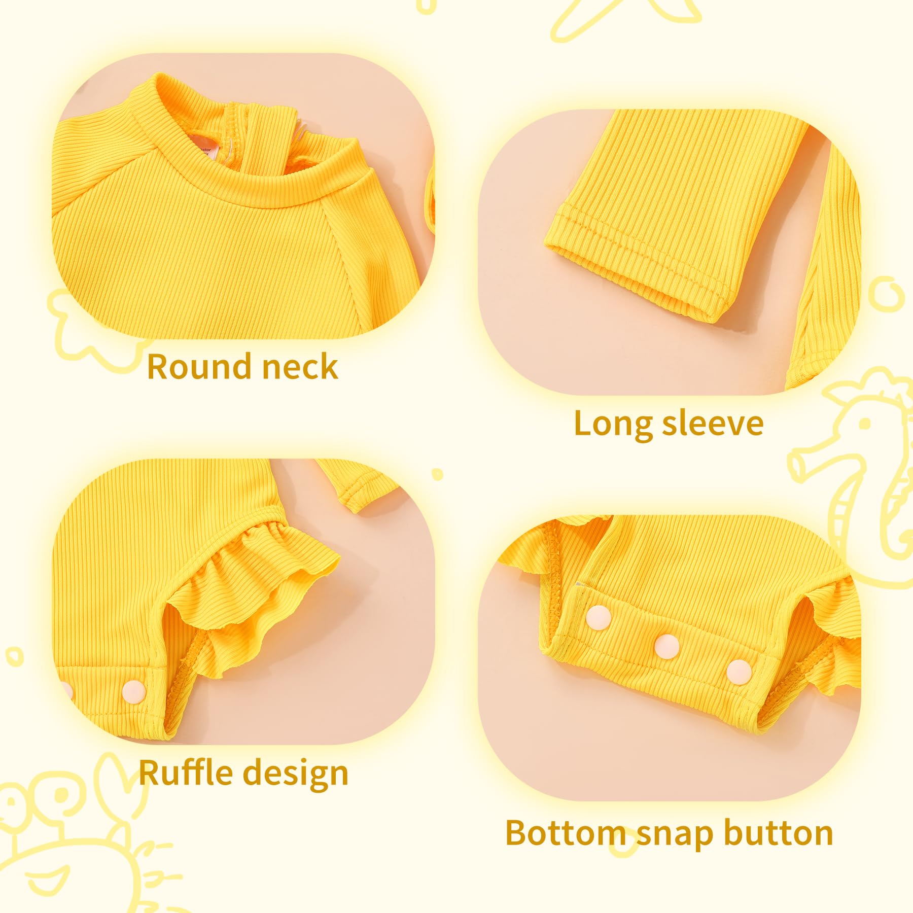 YOUNGER TREE Infant Baby Girls Swimsuit Long Sleeve One Piece Swimsuit Solid Color Bathing Suit with Hat, UPF 50+ (Yellow, 0-3 Months)
