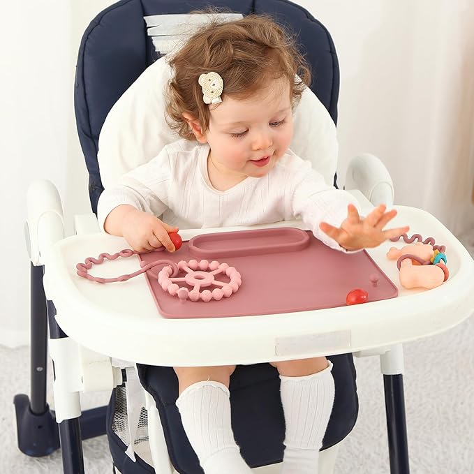 2 Pack Baby Silicone Mat, with Suction Base and 8 Stretchable Straps, Seposeve Baby Placemats, Activity Mat for Infants to Toddlers, Keeps Babies Essentials Off The Floor, Purple Pink