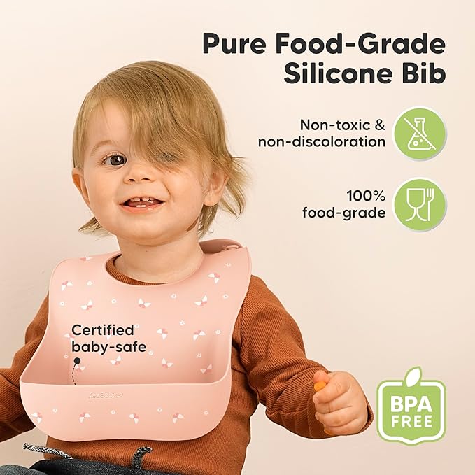 KeaBabies 2-Pack Silicone Baby Bibs for Eating - Sturdy Food-Grade Silicone Bibs for Babies Girl, Boy, Large Food Catcher, Clean & Put On Easily, Waterproof Toddler Feeding Essentials (Butterflies)