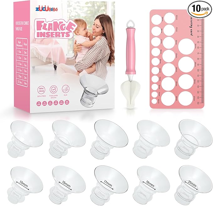 Flange Sizing Kit(10PCS) 13/15/17/19/21mm & Nipple Ruler & Cleaning Brush, Silicone Flange Insert for 24mm Flanges/Shield (Momcozy/Spectra/Bellababy), Breastfeeding Essentials for Moms