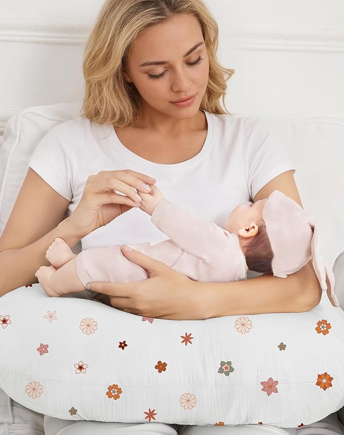 Nursing Pillow Covers 2 Pack, Muslin Nursing Cover for Breastfeeding Pillows, Comfortable for Baby Girls and Boys (Sage & Flower-B)