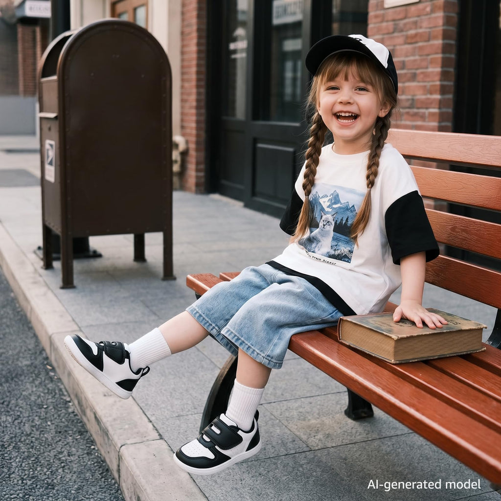 STQ KIDS Toddler Wide Toe Box Barefoot Shoes Zero Drop Black White Size 5