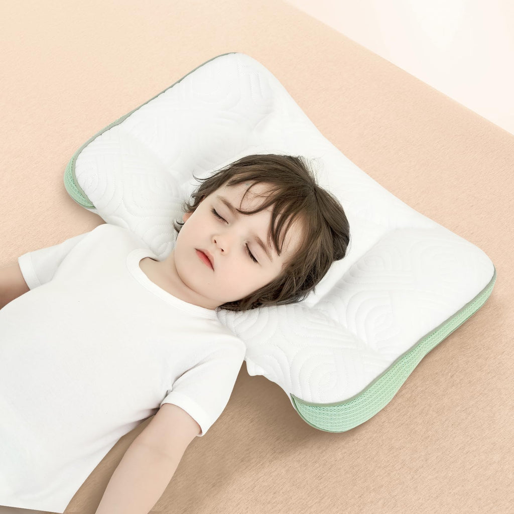 Reidio 1Pc Toddler Pillows with Removable Cotton Pillowcase Ergonomic Design Toddler Pillows for Sleeping Toddler Neck Pillow Kids Pillows Machine Washable 14x20in (Blue Green)