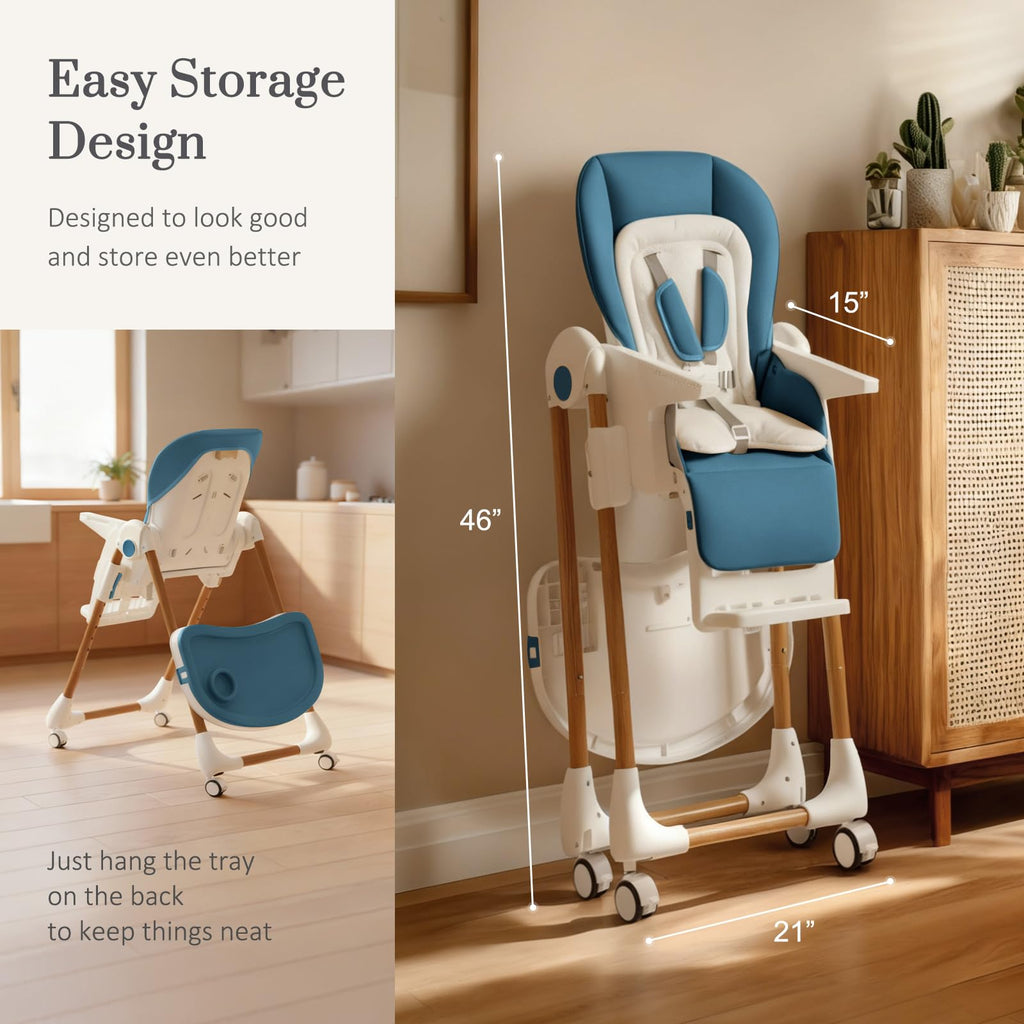 Foldable High Chairs for Babies and Toddlers, 3-in-1 Convertible Baby High Chair with Removable Soft Cushion and Tray, Adjustable Height & Recline, Lockable Wheels, Dark Blue