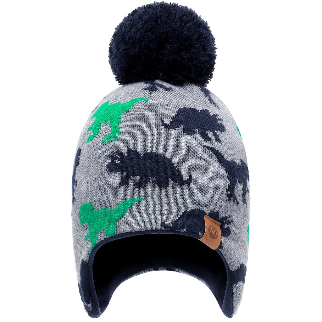 Duoyeree Kids Beanie Hat for Boys Girls Pom-pom Kint Hats Cozy Lining Winter Skull Cap,Dinosaur, 4T-7T