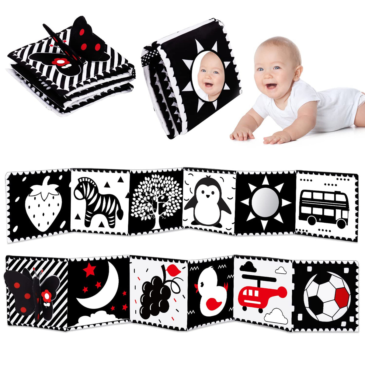 4 PCS Black and White High Contrast Baby Toys 0-3-6 Months Newborn Essential Toy for Babies Crinkle Sensory Book Brain Development Tummy Time Mirror Infant Carseat Rattle Shower Easter Gifts Boy Girl