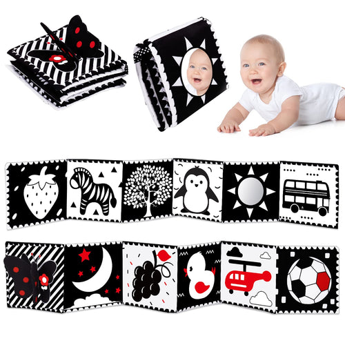 4 PCS Black and White High Contrast Baby Toys 0-3-6 Months Newborn Essential Toy for Babies Crinkle Sensory Book Brain Development Tummy Time Mirror Infant Carseat Rattle Shower Easter Gifts Boy Girl