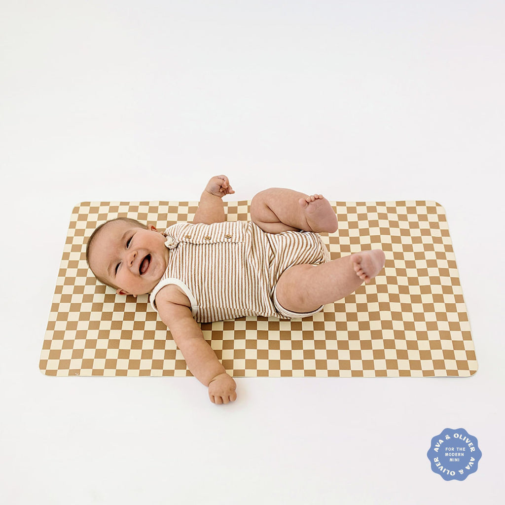 Vegan Leather Baby Changing Mat 16x30in, Wipeable, Foldable, Mocha Checker