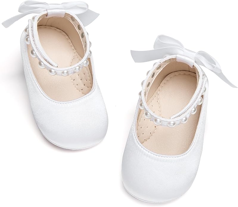 Baby Girls Mary Jane Flats - Infant Newborn Walking Shoes Soft Rubber Sole Princess Wedding
