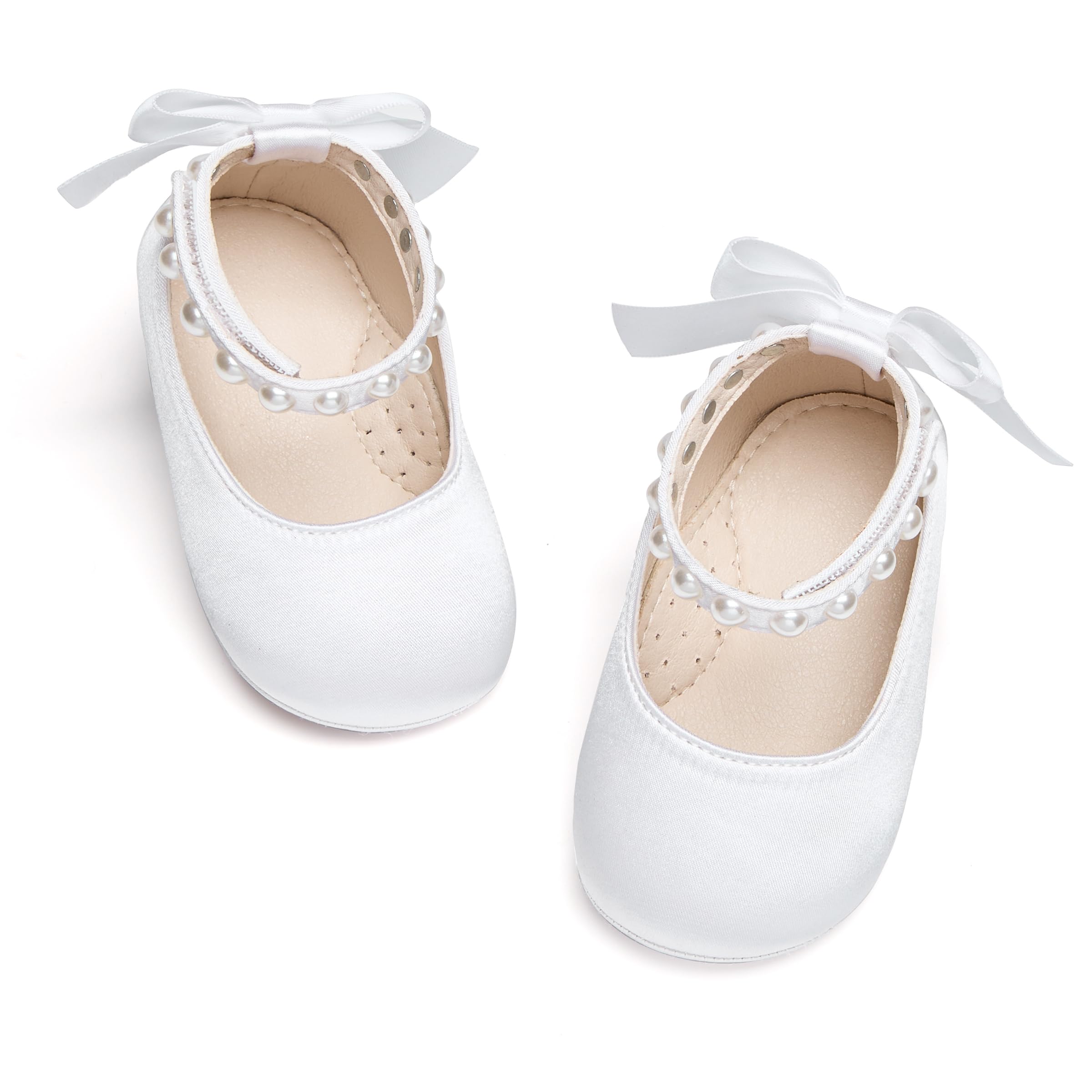 PHIRAMIN Baby Girls Satin White Mary Jane Flats - Infant 12-18 Months Walking Shoes Soft Rubber Sole Princess Wedding
