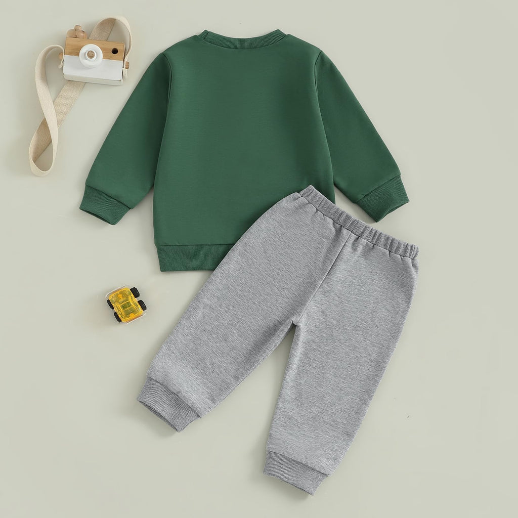 Nyapruwe Toddler Baby Boys Fall Winter Outfits Funny Print Top Pants Set (Dark green tool cars, 12-18 Months)