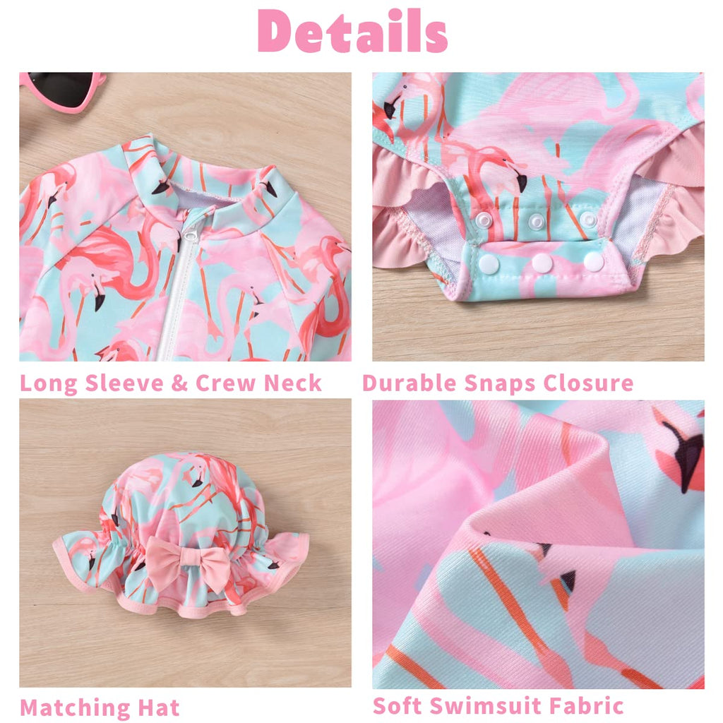 Infant Baby Girls One Piece Long Sleeve Swimsuit Flamingo Bathing Suit Zip Up Swimwear Beach Wear 3-6 Months Pink