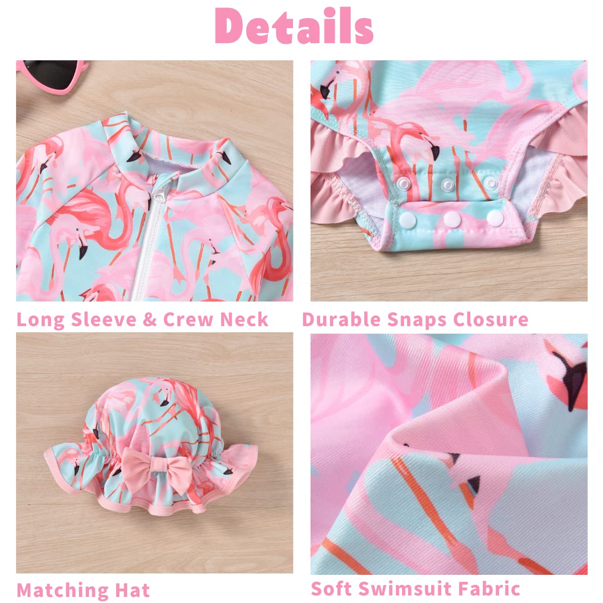 Infant Baby Girls One Piece Long Sleeve Swimsuit Flamingo Bathing Suit Zip Up Swimwear Beach Wear 3-6 Months Pink