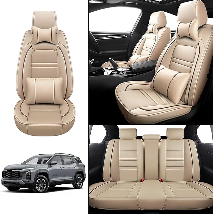 Car Seat Covers for Chevy Equinox 2005-2025 | 5-Seats Seat Covers, Waterproof Seat Protectors, Automotive Seat Covers (Full Set with Pillow,Beige)