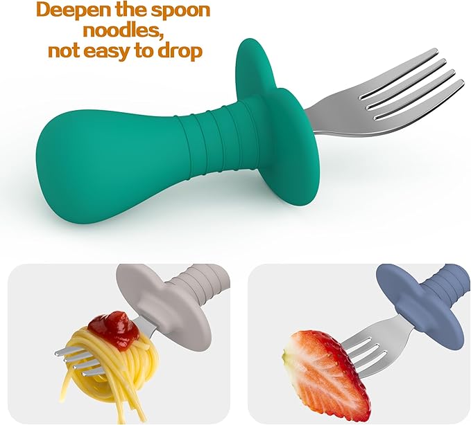Baby Forks Toddler Forks for Self Feeding, Kids Forks with Silicone Round Handle, Stainless Steel Toddler Utensils Children Safe Silverware Set, Anti-Choke Design, BPA Free - Green Blue