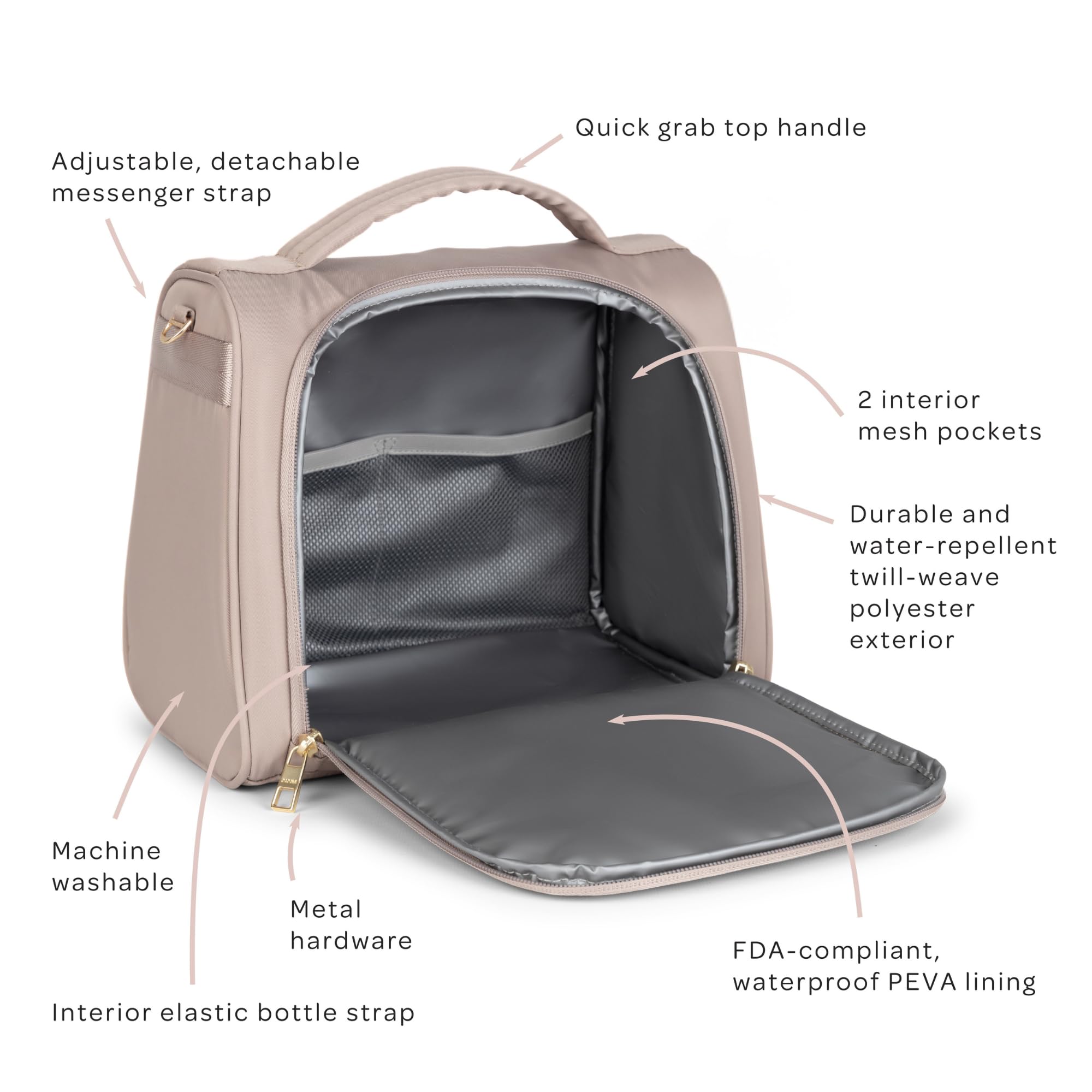 JuJuBe Insulated Bottle Bag, Breastmilk Cooler Bag Fits 3 Baby Bottles, Storage Tote for Nursing Mom, Daycare & Travel, Lunch Bag w/Handle & Shoulder Strap (Taupe)