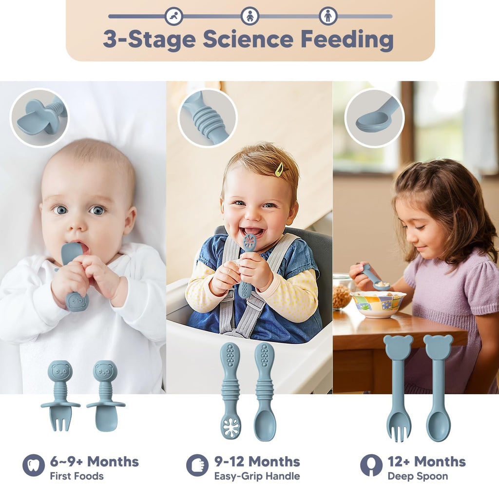 WiLLBEttER 7-Piece Silicone Baby Feeding Set - Divided Suction Plate with 3 Sets of Spoons and Forks, BPA-Free Toddler Plates for Baby-Led Weaning & Self Feeding, Dishwasher & Microwave Safe