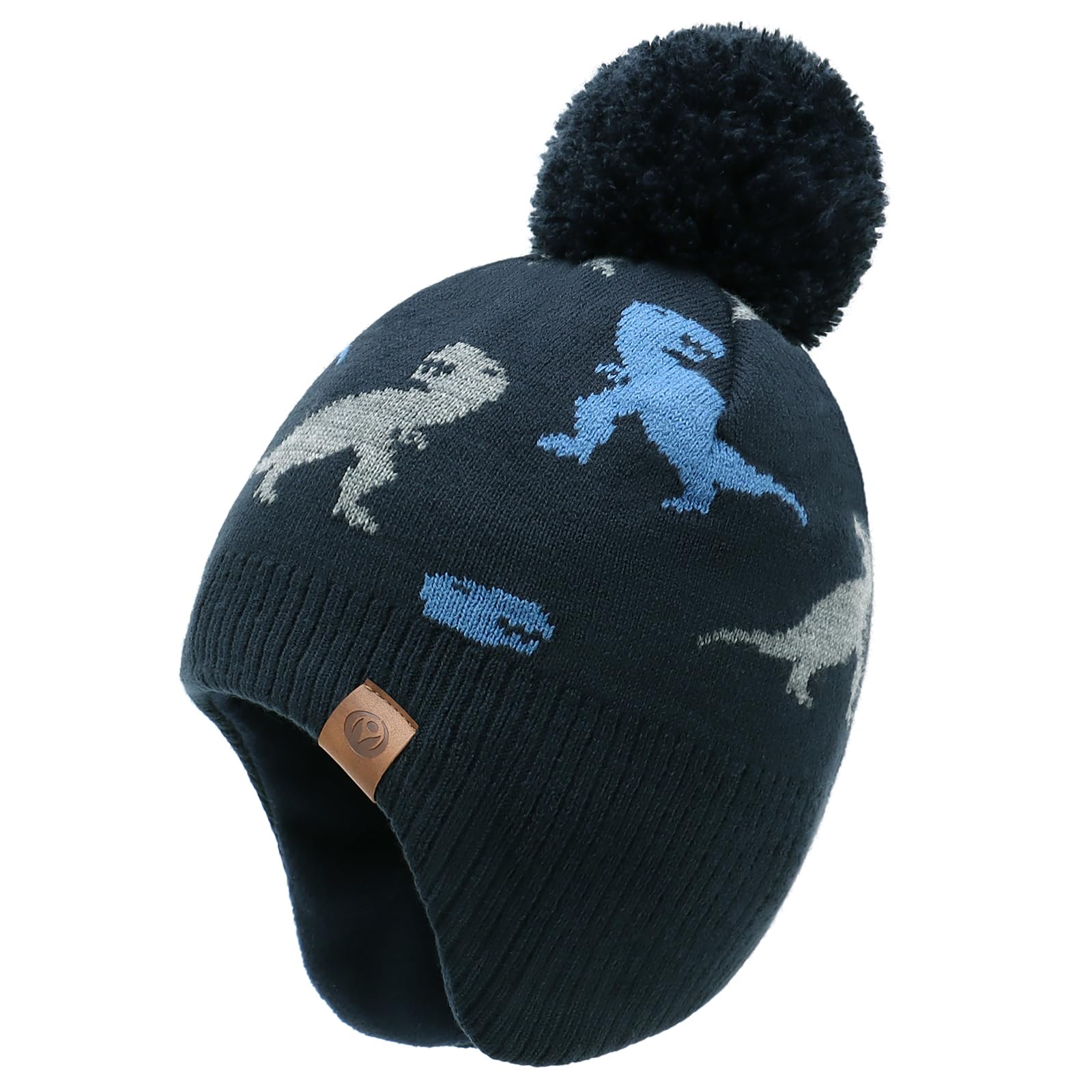 Duoyeree Kids Beanie Dinosaur Pom Pom Knit Winter Hat Fleece Lined for 1-7T