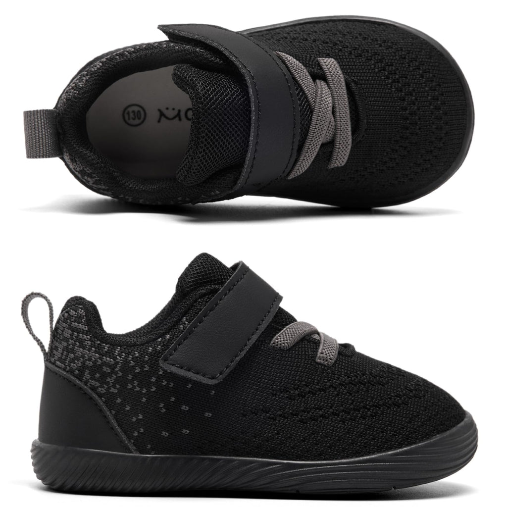 MORENDL Toddler Sneakers Baby Boys & Girls Barefoot Shoes Lightweight Breathable Walking Running Tennis Athletic Sport Shoes Black Grey Punctate 15-18 Months Size 6