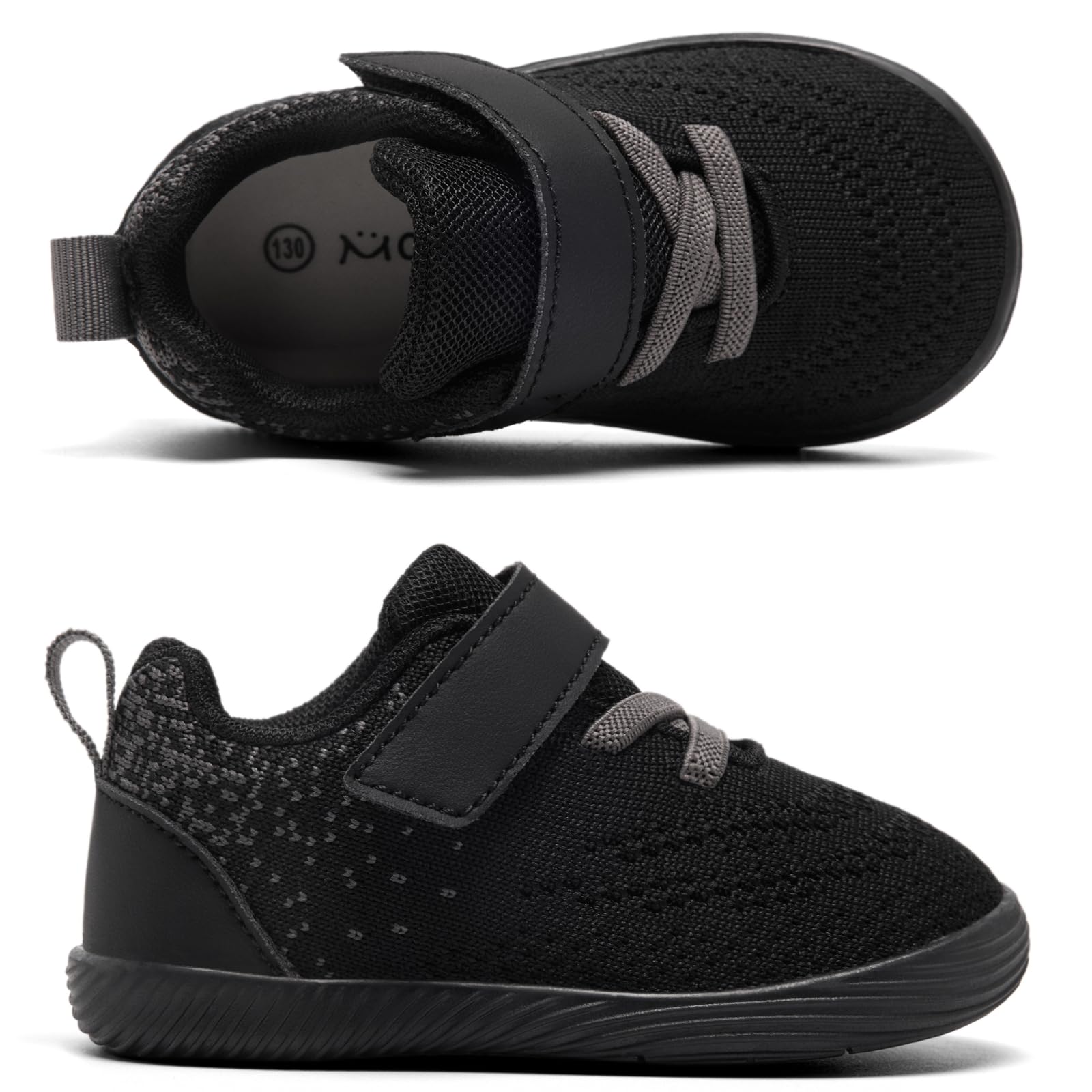 MORENDL Toddler Sneakers Baby Boys & Girls Barefoot Shoes Lightweight Breathable Walking Running Tennis Athletic Sport Shoes Black Grey Punctate 9-12 Months Size 4.5