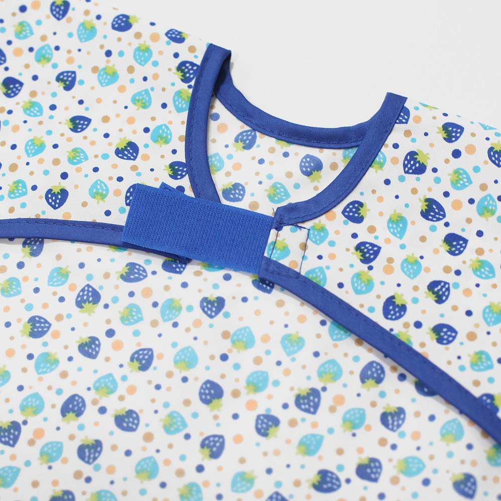 Plie Long Sleeve Waterproof Bib for Toddlers – Soft Feeding Smock for Baby Mealtime, Self-Feeding, Painting & Messy Play, BPA-Free, Easy Clean (6–24 Months) - Blue Strawberry