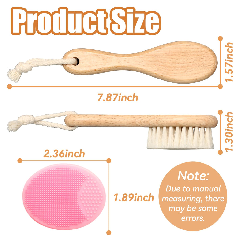 Wooden Baby Hair Brush and Comb Set, 2Pcs Natural Soft Goat Bristles Brush with Baby Shower Scrubber Perfect Scalp Grooming Product for Newborn, Toddler, Infant (Pink)