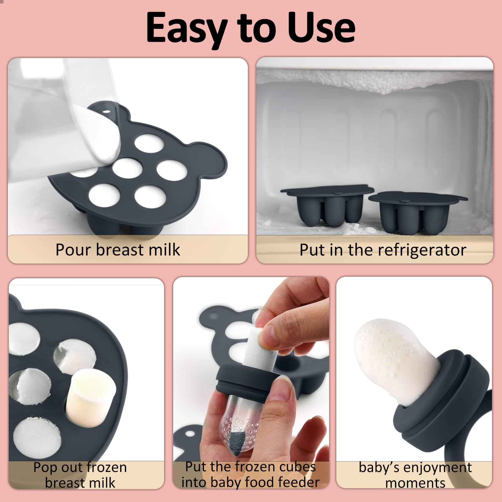 JEXFUN Silicone Baby Food Feeders + Freezer Tray for Batch Prep, Introduce New Foods Safely, Double as Silicone Teething Toys, BPA Free Silicone Feeder for Safe Infant Self Feeding - (Dark Grey)