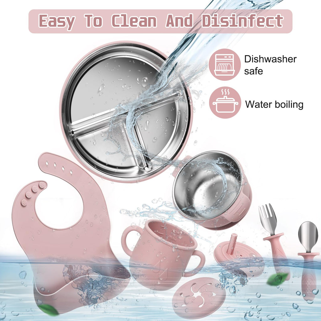 MISSLILI Stainless Steel Kids Plates and Bowls Set with Suction - (Pink)