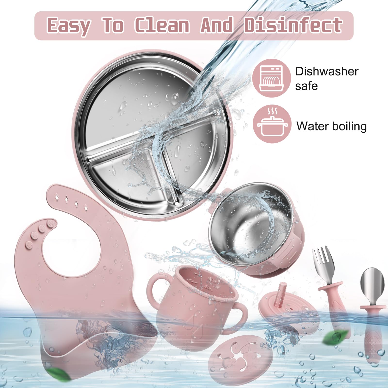 MISSLILI Stainless Steel Kids Plates and Bowls Set with Suction - (Pink)