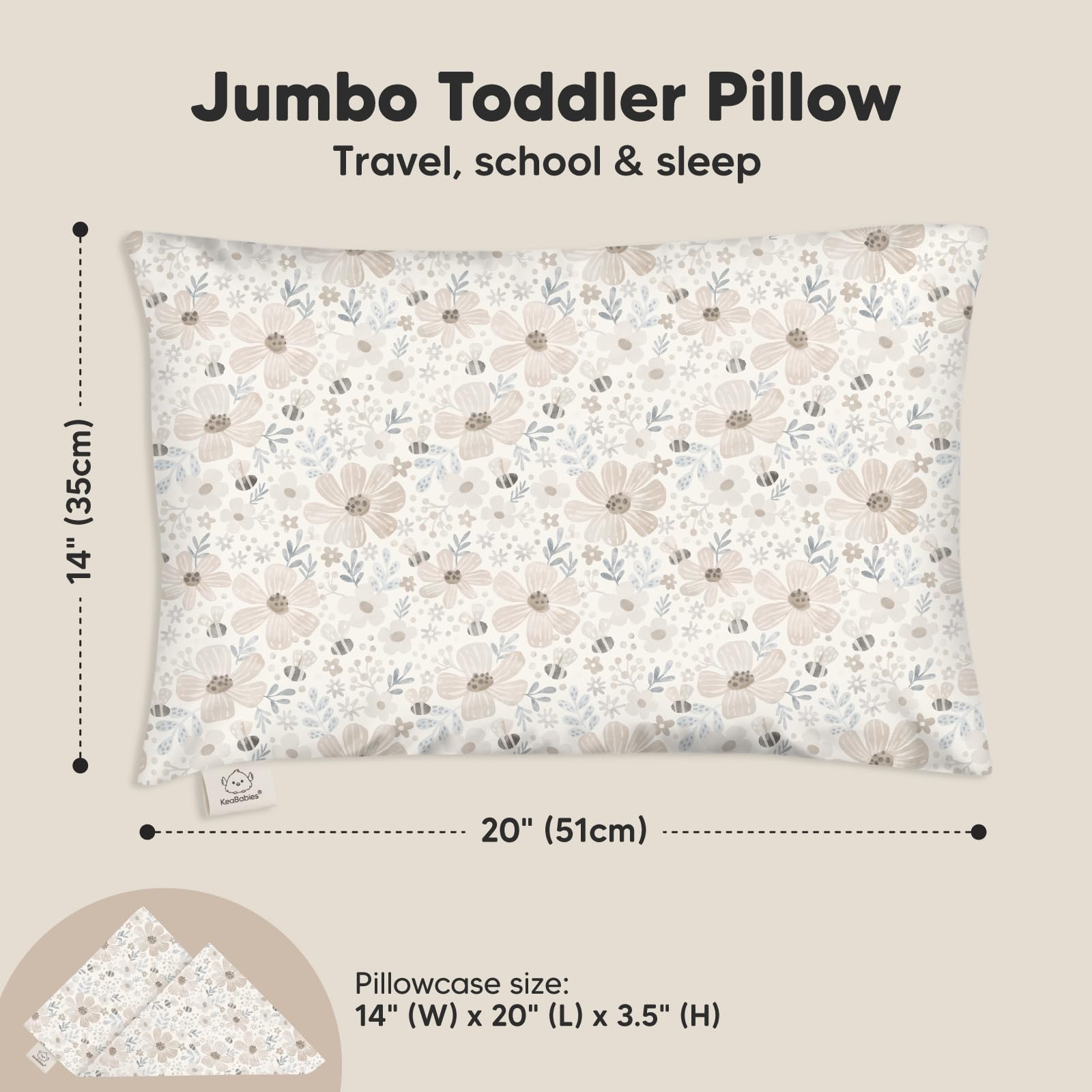 KeaBabies Organic Toddler Pillow with Pillowcase, Jumbo 14X20 (Flora Vale)