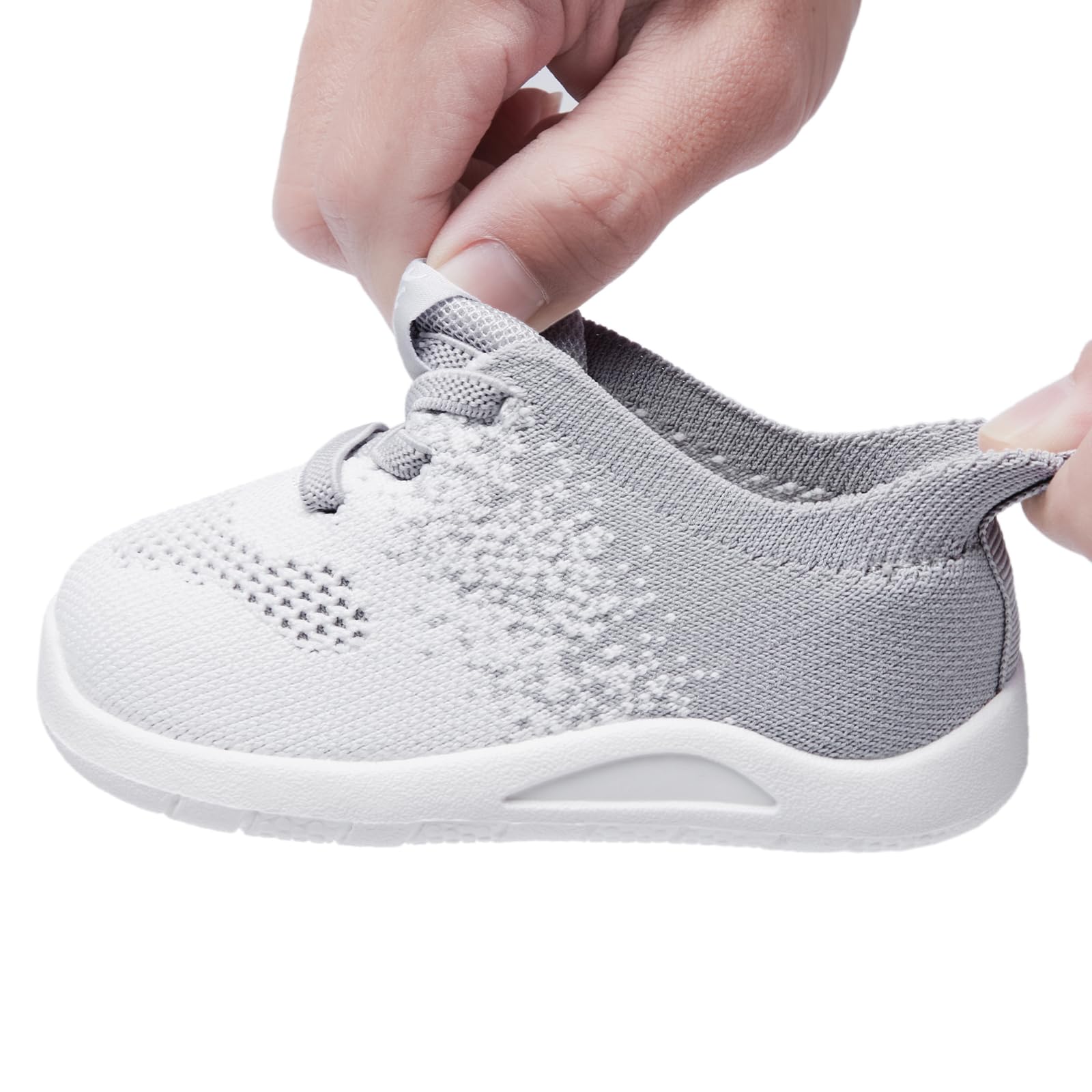 MORENDL Toddler Sneakers Baby Non-Slip Lightweight Breathable Barefoot Shoes Infant Tennis Walking Shoes White Grey Mesh 15-18 Months