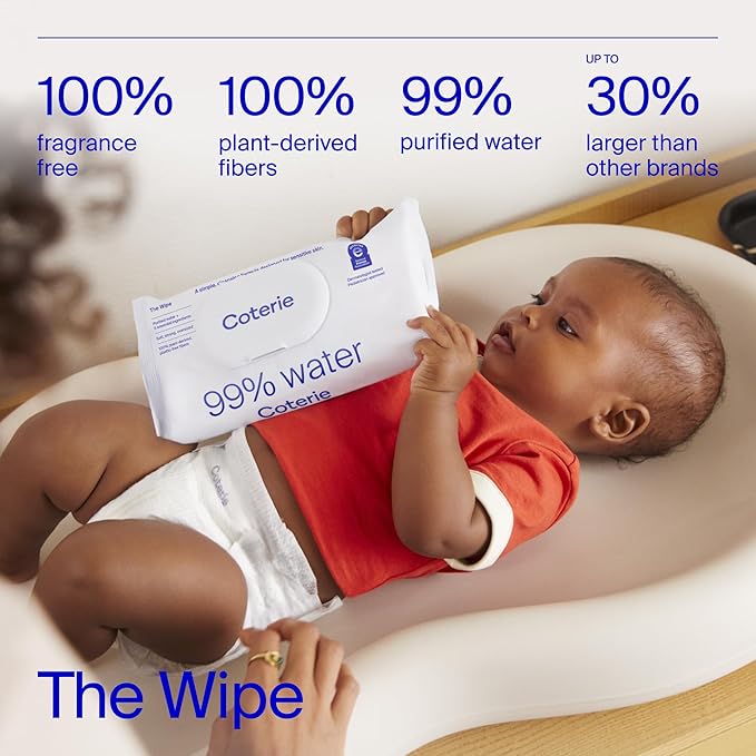 Coterie Baby Wipes + Diapers Kit, Size 2 Diapers (186 Count) & 12 Pack (672 Count) Baby Wipes with 99% Water, Plant Based Materials, Hypoallergenic for Sensitive Skin