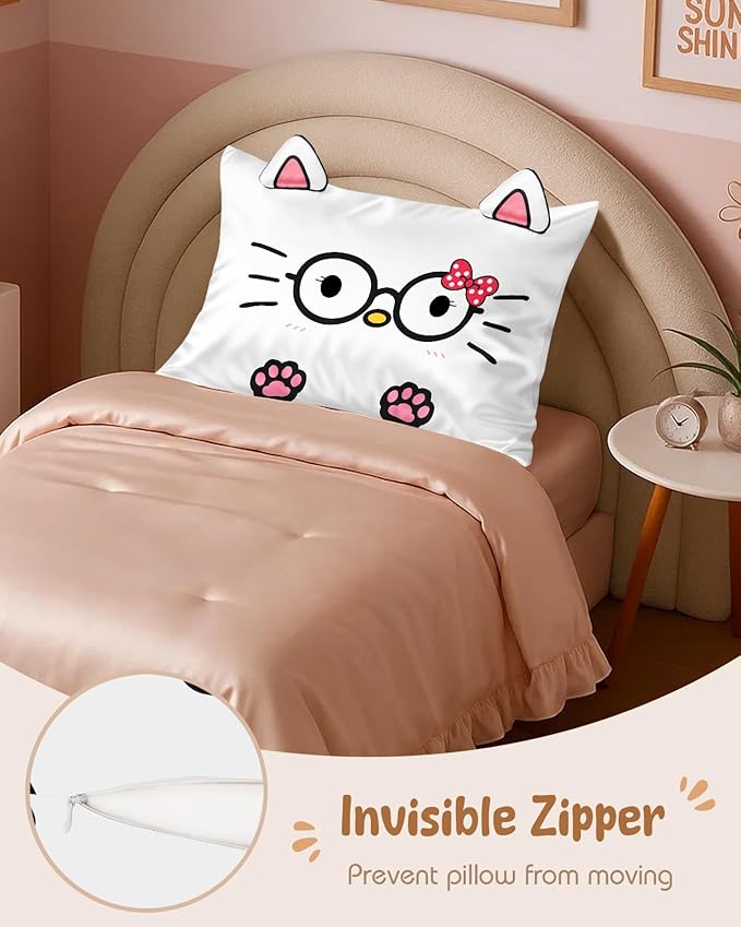 Toddler Pillowcases 13"x18" for Kids - Cute Cartoon Soft Breathable Silk Pillow Cases for Hair and Skin with Hidden Zipper for Girls Fun Kawaii Design for Bedding, Glasses Cat