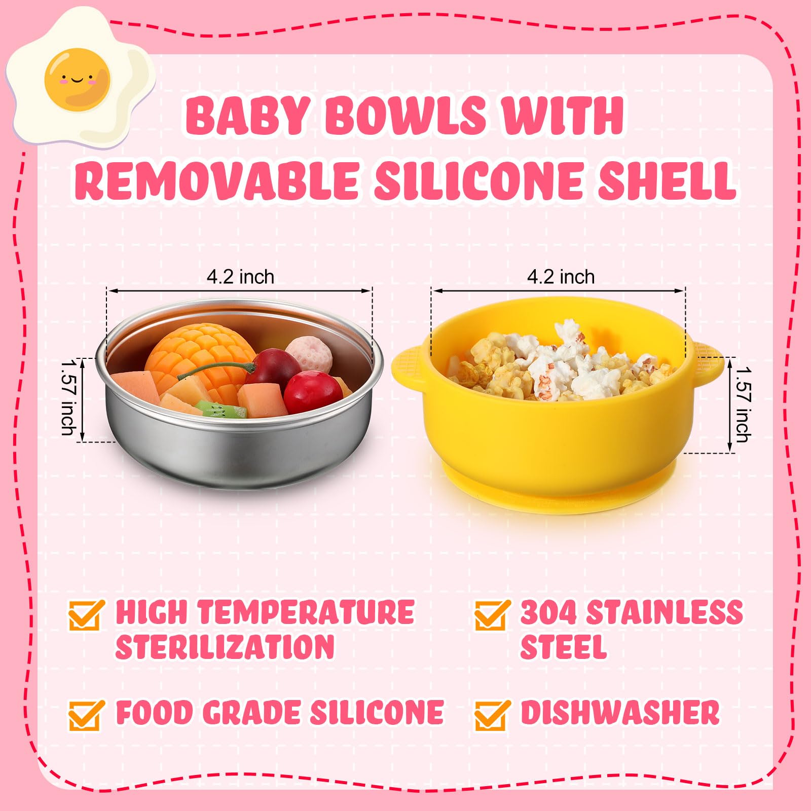 Nuogo 6 Pcs Stainless Steel Baby Bowls with Removable Silicone Shell 304 Toddler Bowls Kids Anti Scald Snack Container for Food Feeding, Dishwasher Safe(Red Series Color,Suction-a)