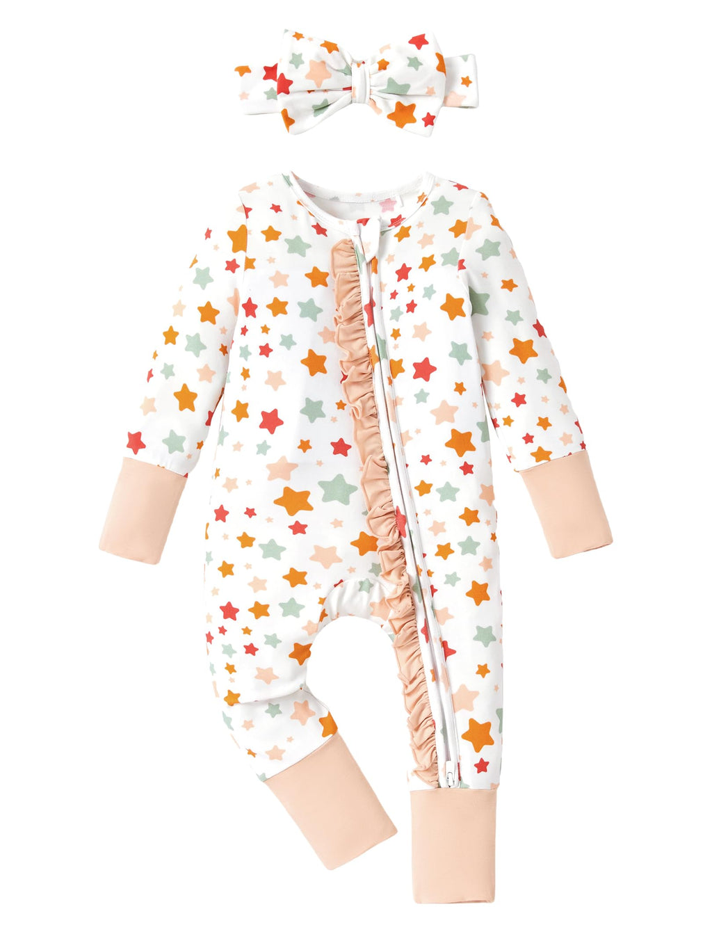 PATPAT Baby Girl Infant Clothes Footie – Soft Viscose from Bamboo, Stretch Feel – 2-Way Ruffled Zipper, Fold-Over Mittens & Cuffs Little Stars Newborn