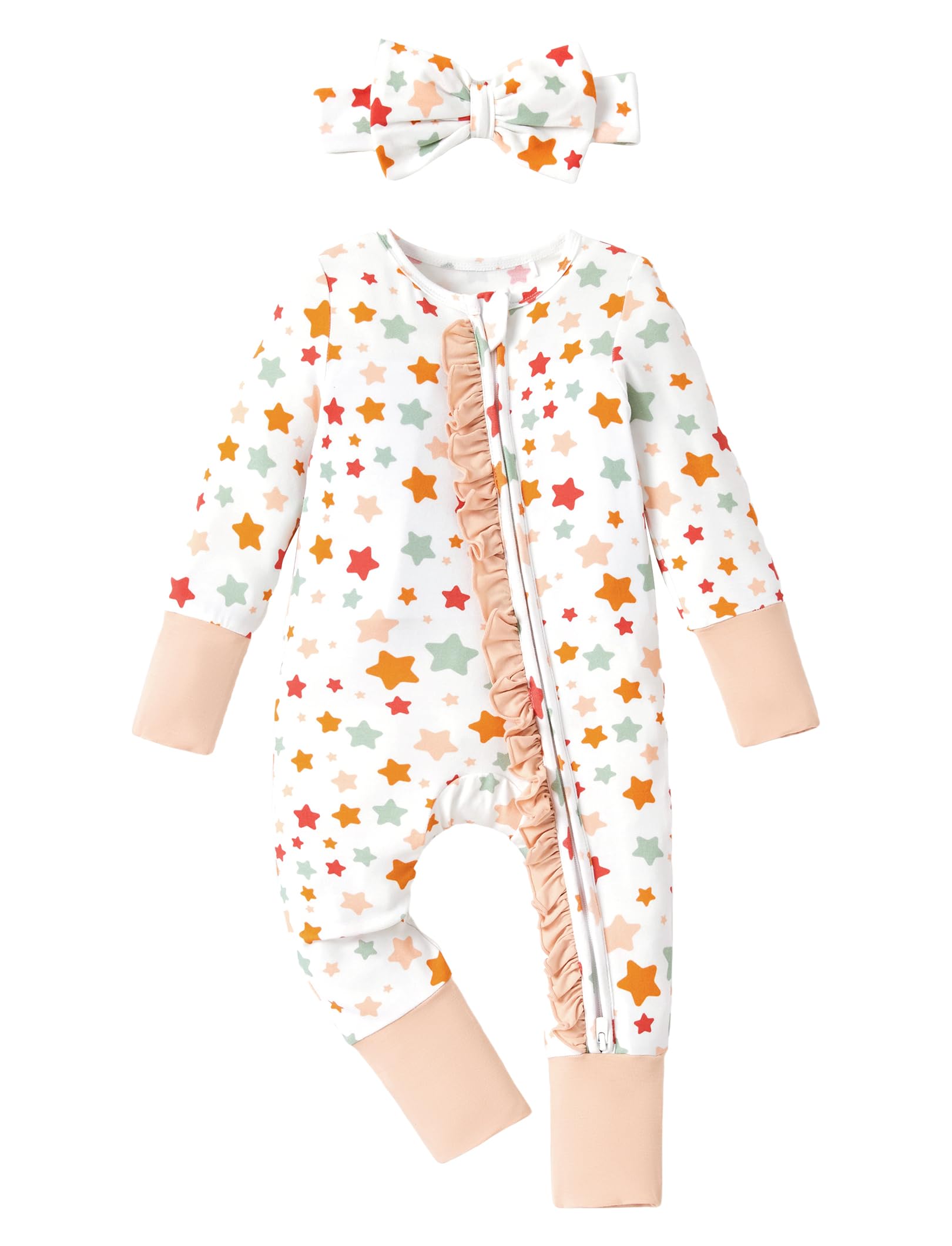 PATPAT Baby Girl Infant Clothes Footie – Soft Viscose from Bamboo, Stretch Feel – 2-Way Ruffled Zipper, Fold-Over Mittens & Cuffs Little Stars Newborn