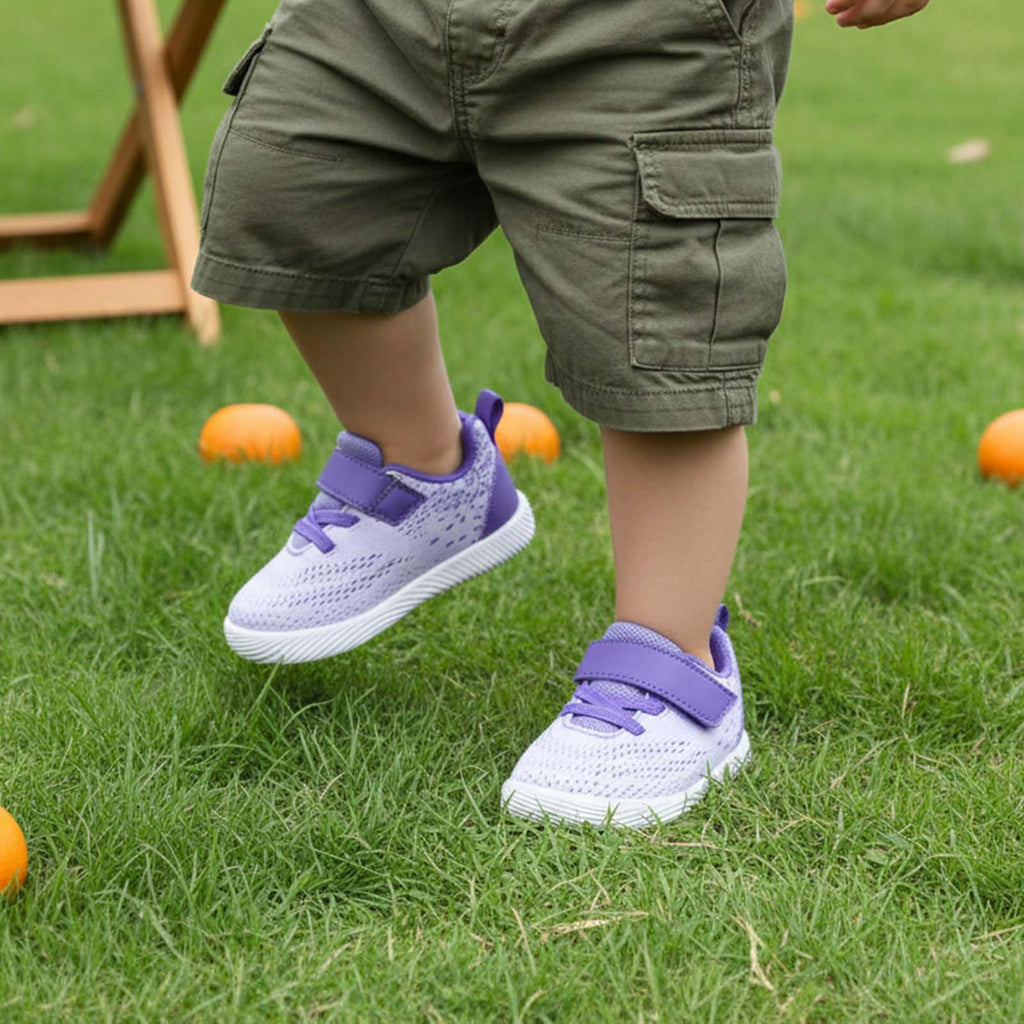 MORENDL Toddler Sneakers Baby Boys & Girls Barefoot Shoes Lightweight Breathable Walking Running Tennis Athletic Sport Shoes Purple White 18-24 Months Size 6.5