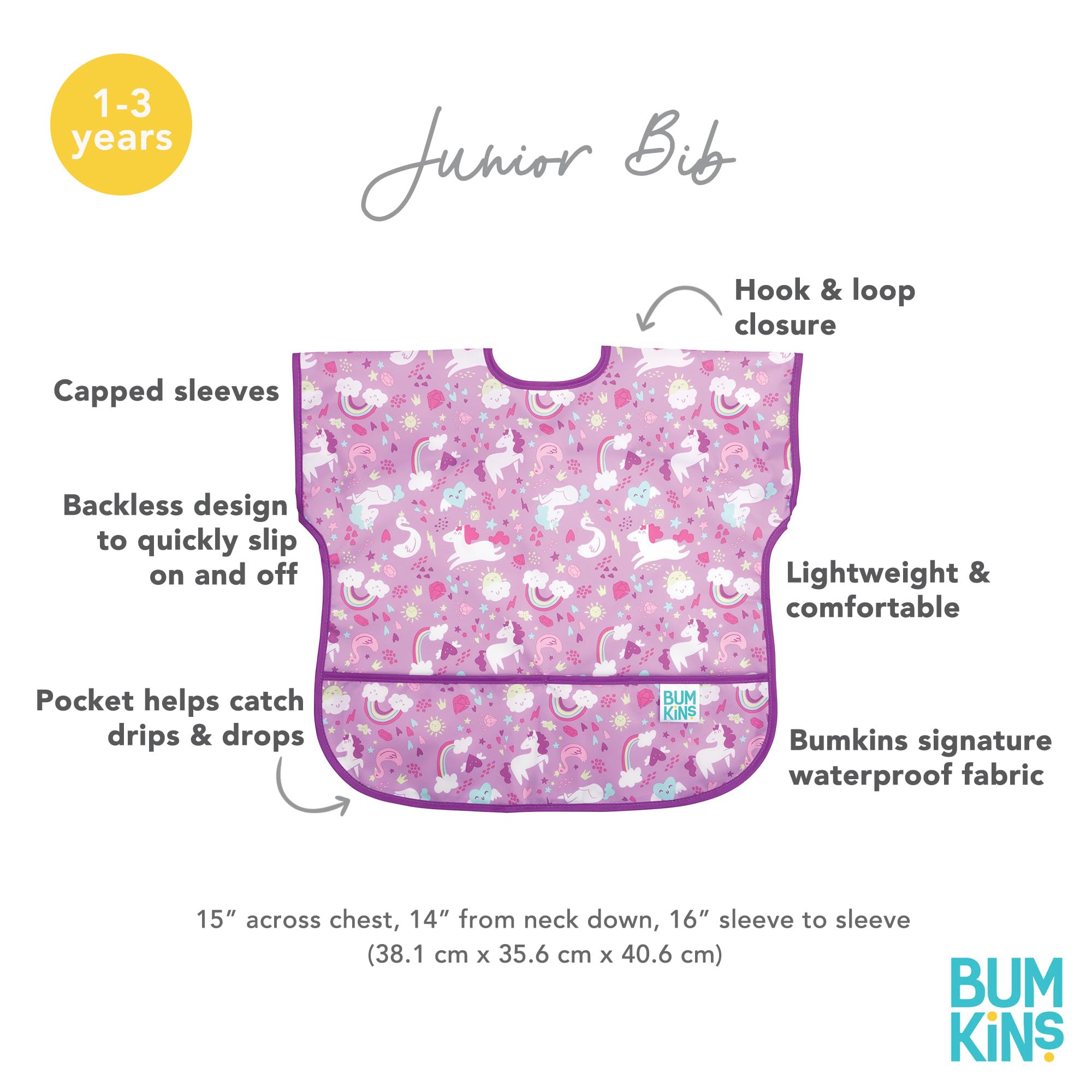 Bumkins Short Sleeve Bib for Girl or Boy, Toddler and Kids for 1-3 Years, Large Size, Essential Must Have for Junior Children, Eating, Mess Saving Soft Fabric Apron for Play, Unicorns Purple
