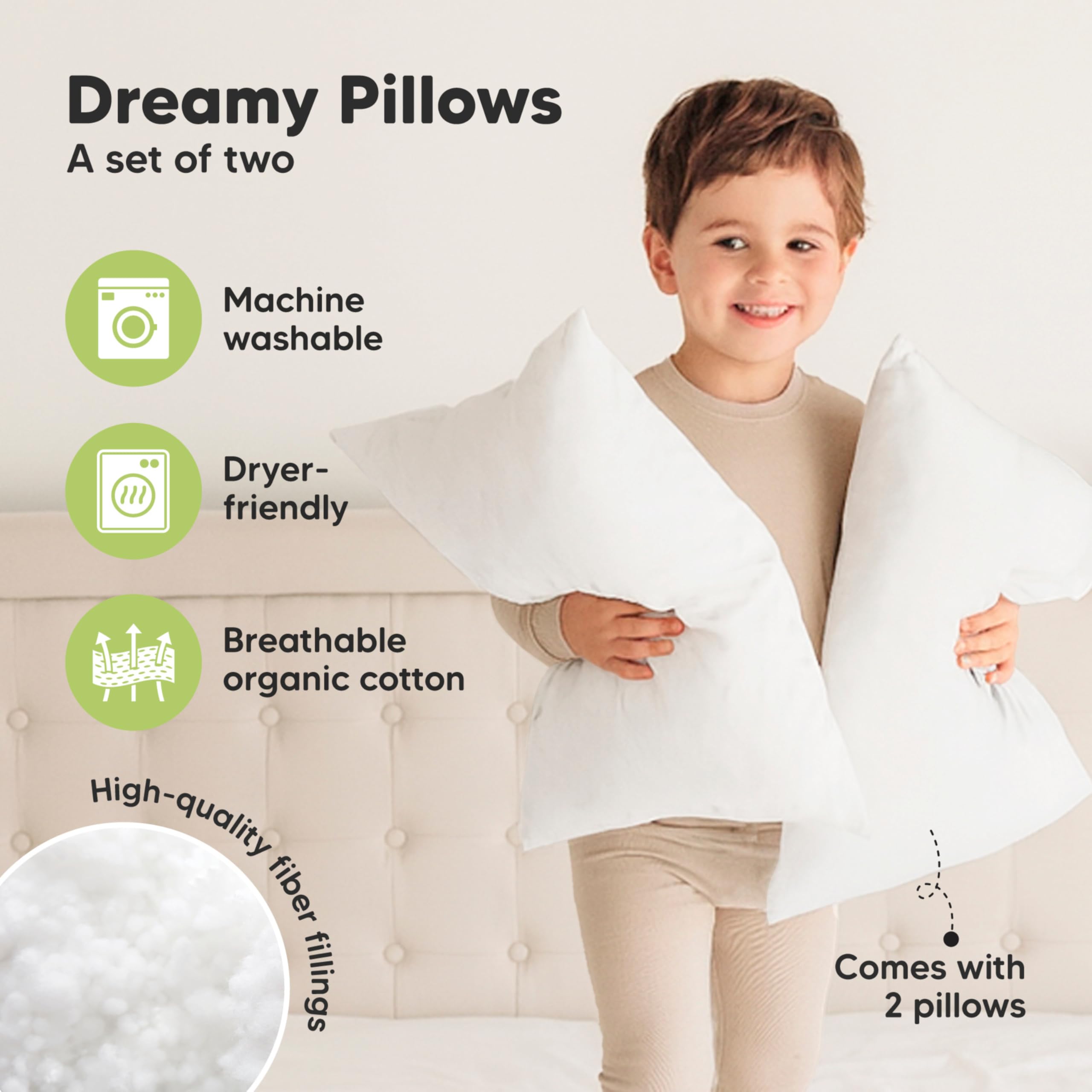 KeaBabies 2pk Toddler Pillows 2 Year Old to 5,14x20 Kids Pillow(Soft White)