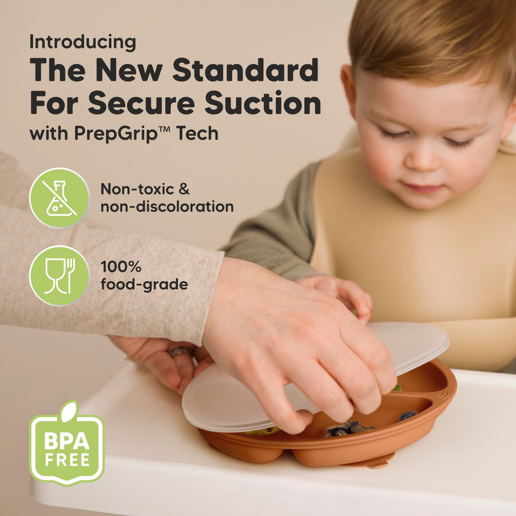 KeaBabies Suction Plates with Lids for Baby, 3pk 100% Silicone (Terracotta)
