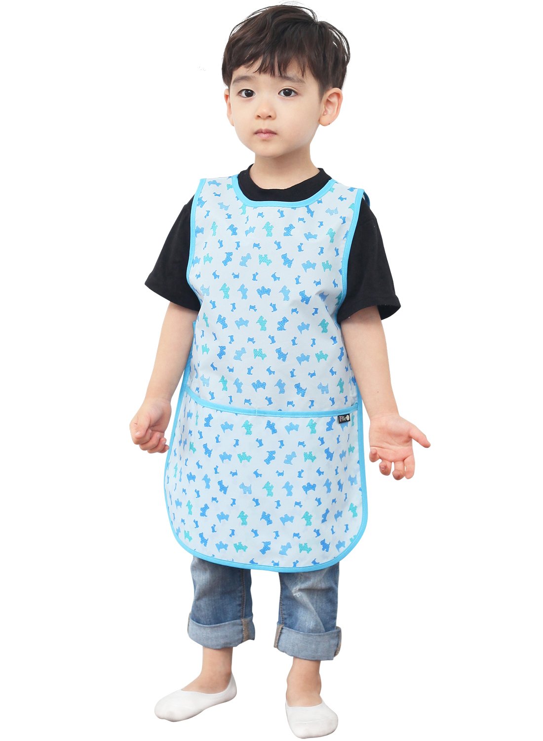 Plie Kids Painting Apron – Waterproof Art Smock for Toddlers & Preschoolers, Messy Play, Baking, Crafts, Cooking, Sensory Activities, Mealtime (Ages 1–10), Blue Puppy (23-XL)