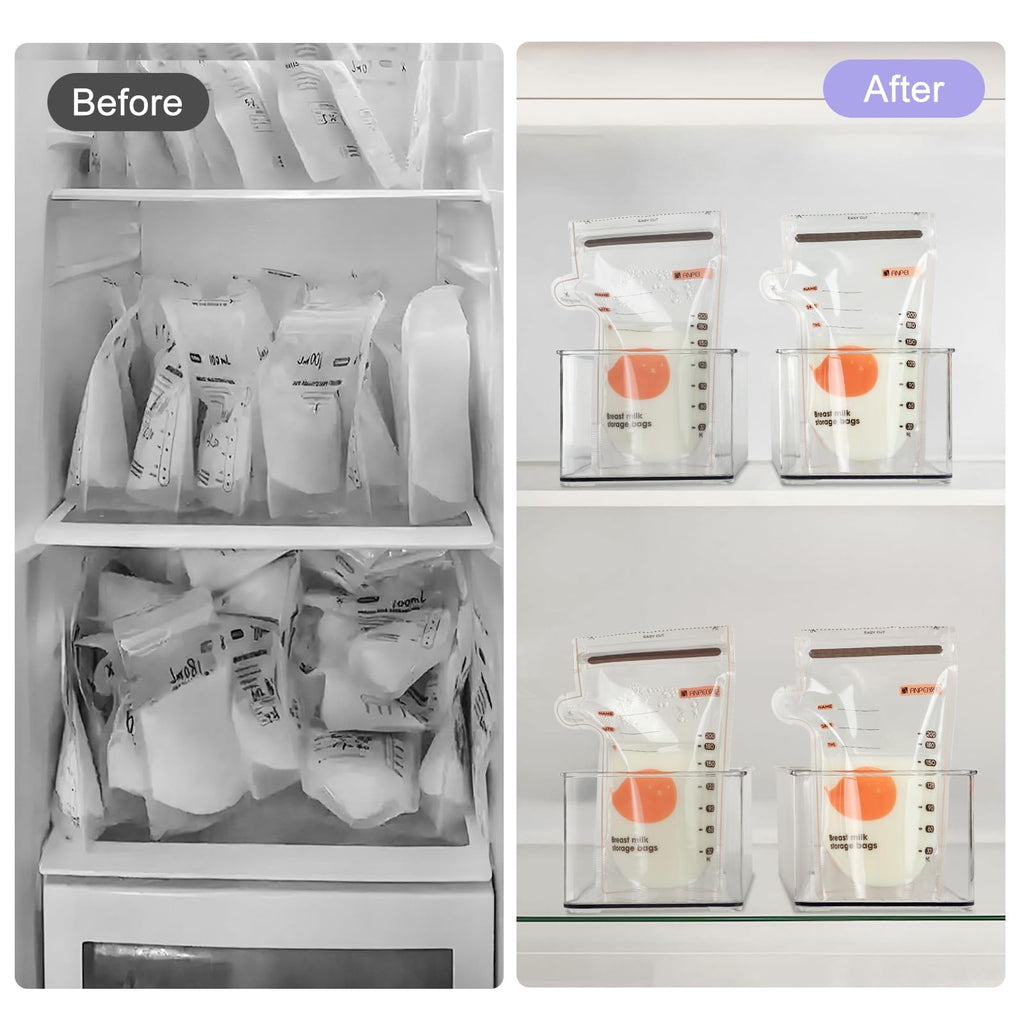 Hudgan 4 Pcs Storage Container Breastmilk for Fridge, Clear Organizer Bins for Milk Bags, Plastic Storage Bins for Freezer,Pantry, Bottles Bathroom, Vanity, Drawer and Yogurts,4.4" Wide